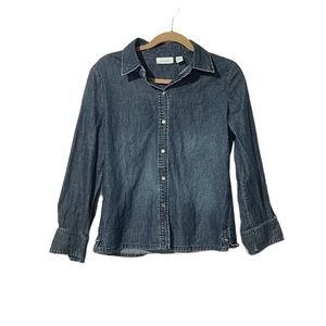 Chico’s Chambray Jacket Size Medium Dark Blue Silver Button